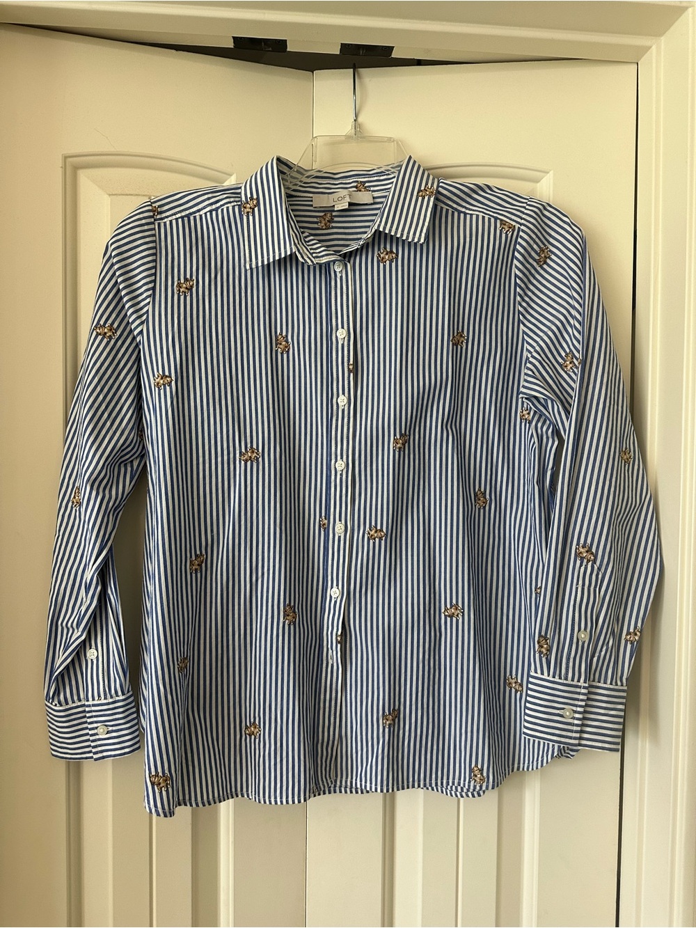 LOFT Blue and White Striped Button-Up Shirt with Embroidered Bees